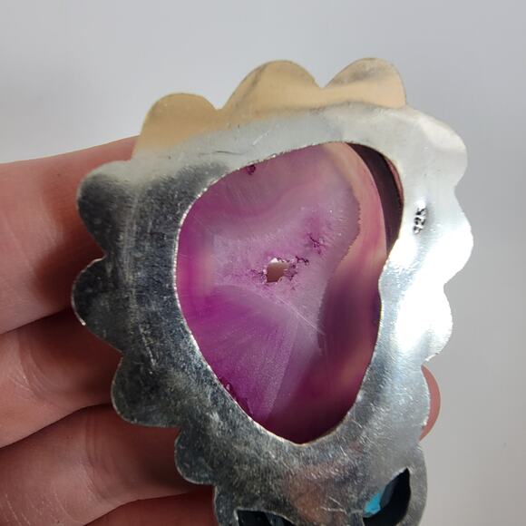 Handmade Silver Pendant with Pink Agate Druzy and Blue Topaz - Picture 8 of 10